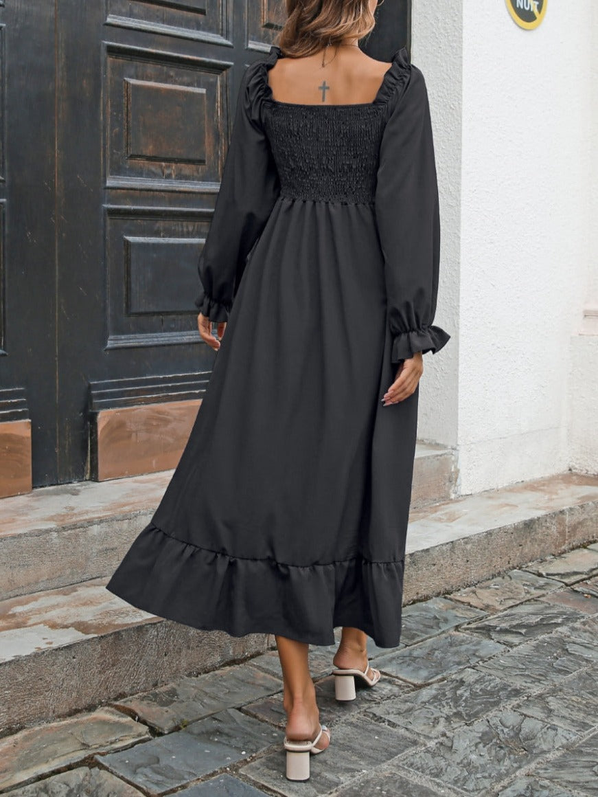 Square Neck Shirred Midi Dress