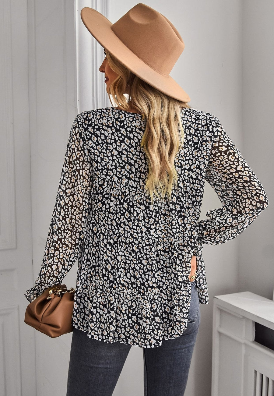 Round Neck Printed Tiered Blouse