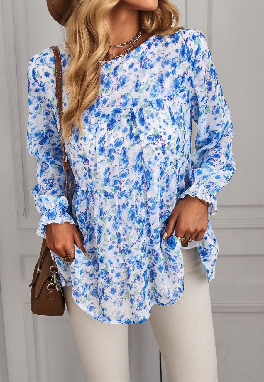 Round Neck Printed Tiered Blouse