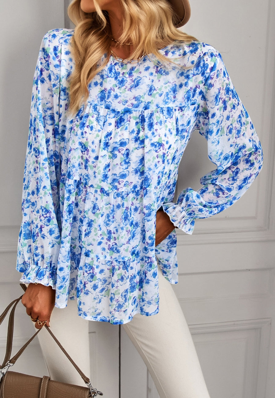 Round Neck Printed Tiered Blouse