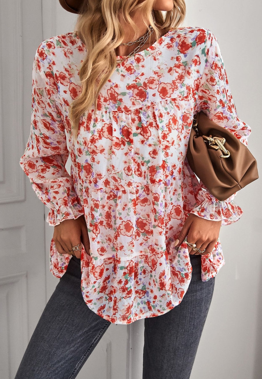 Round Neck Printed Tiered Blouse