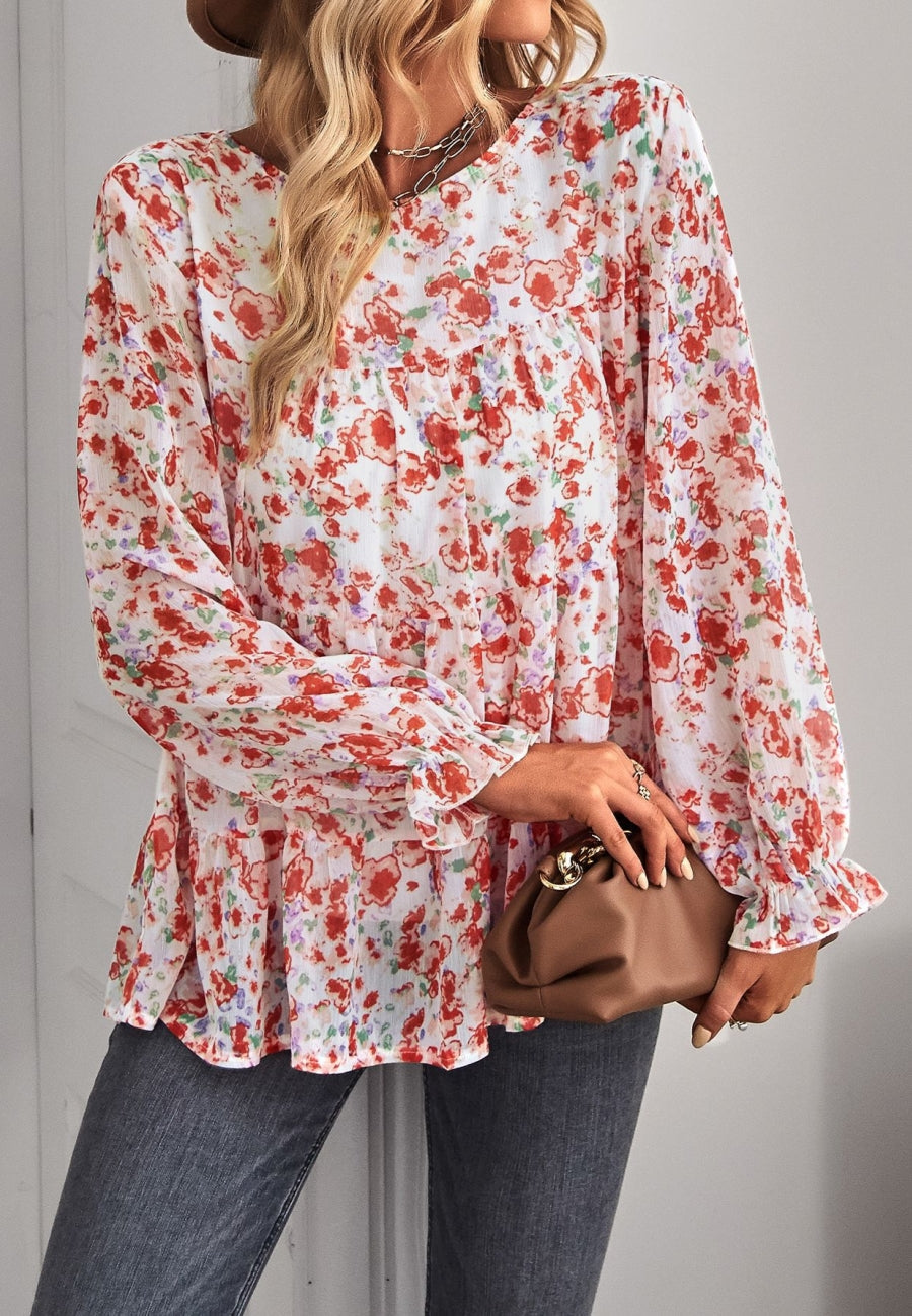 Round Neck Printed Tiered Blouse