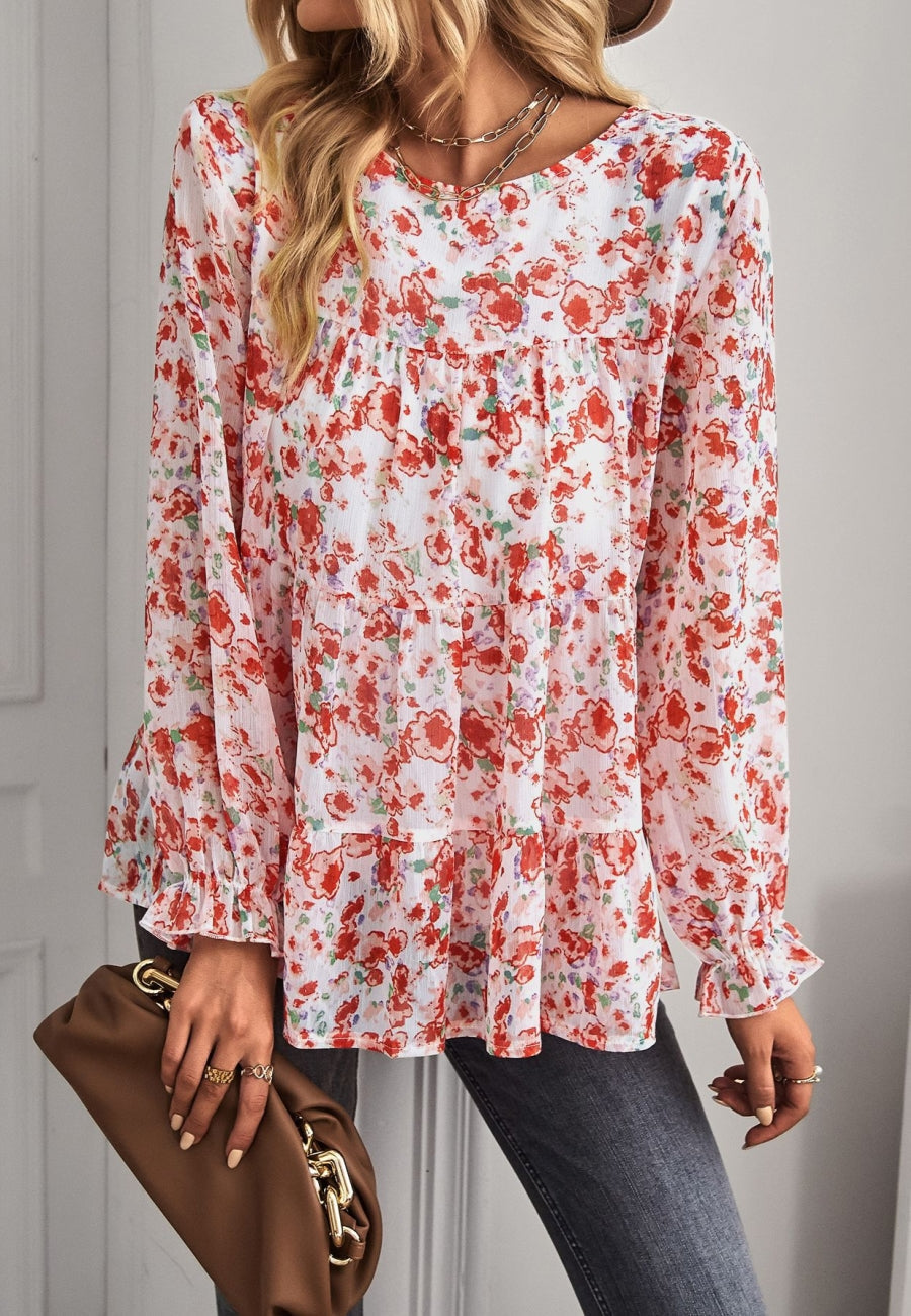 Round Neck Printed Tiered Blouse