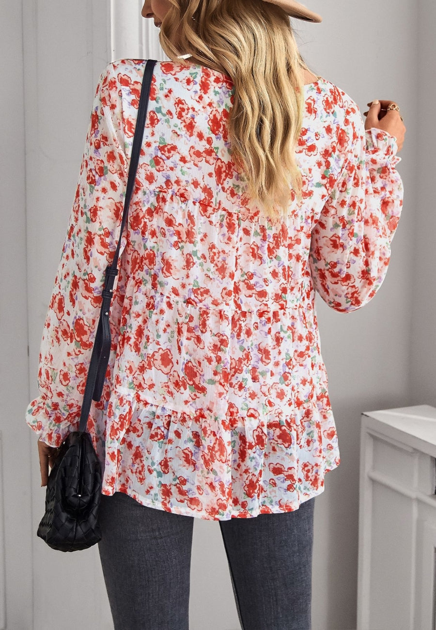 Round Neck Printed Tiered Blouse