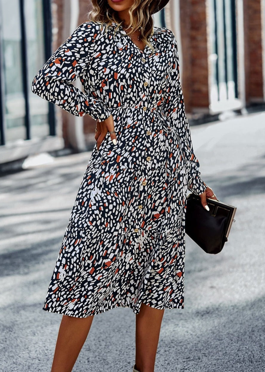 V Neck Floral Button Down Dress