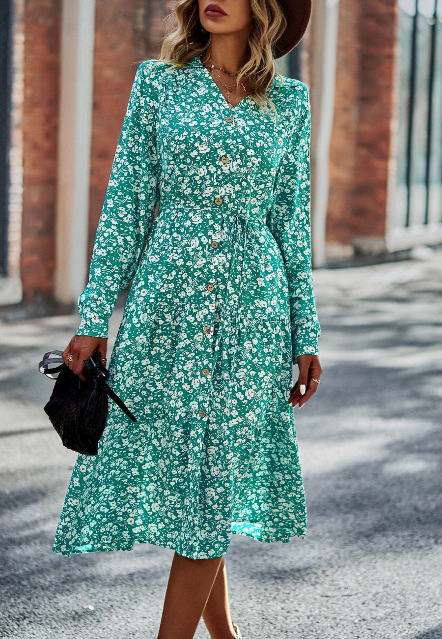 V Neck Floral Button Down Dress