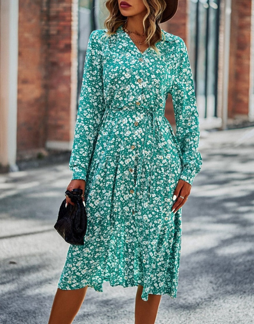 V Neck Floral Button Down Dress