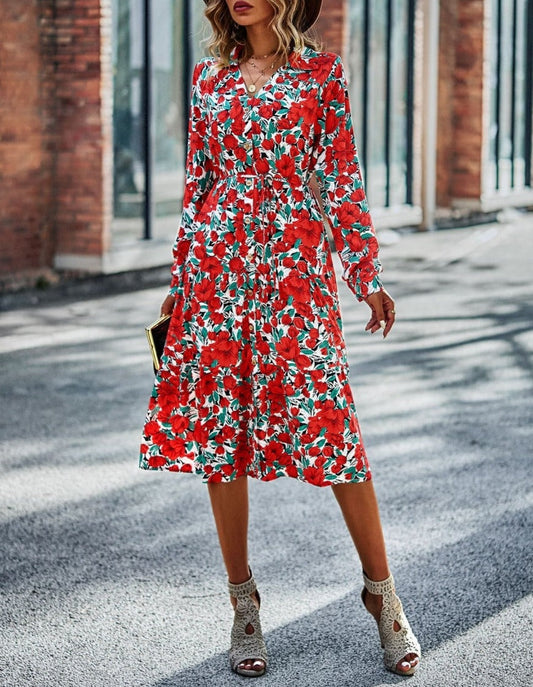 V Neck Floral Button Down Dress