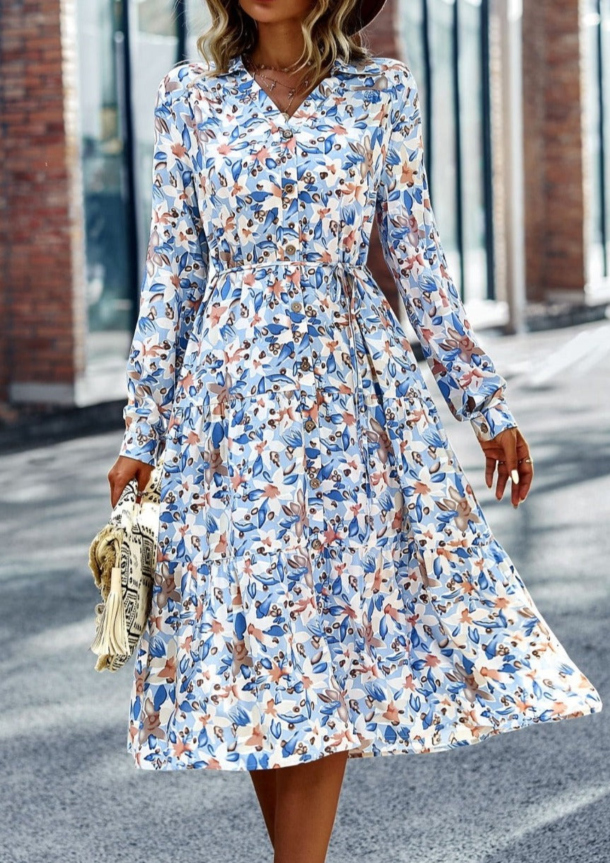 V Neck Floral Button Down Dress