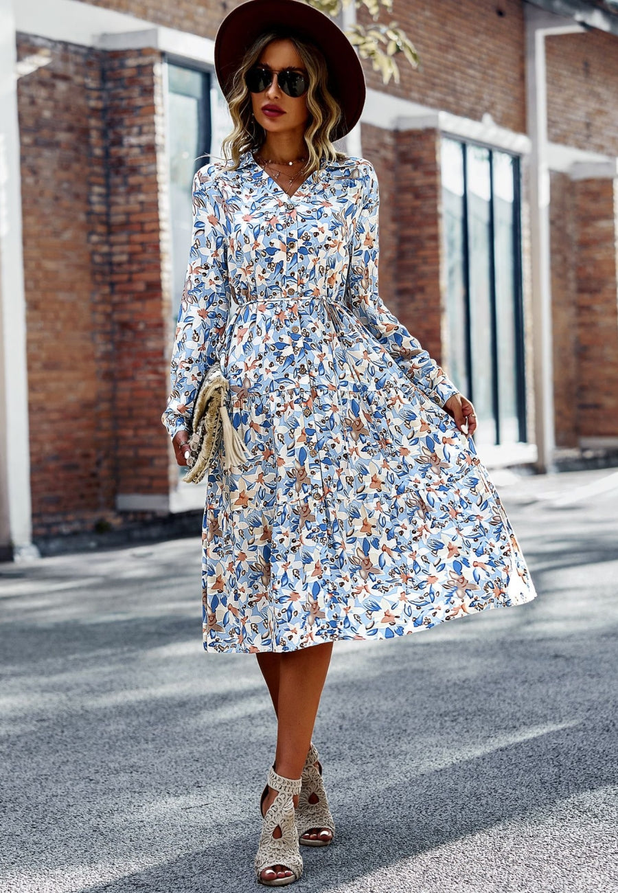 V Neck Floral Button Down Dress