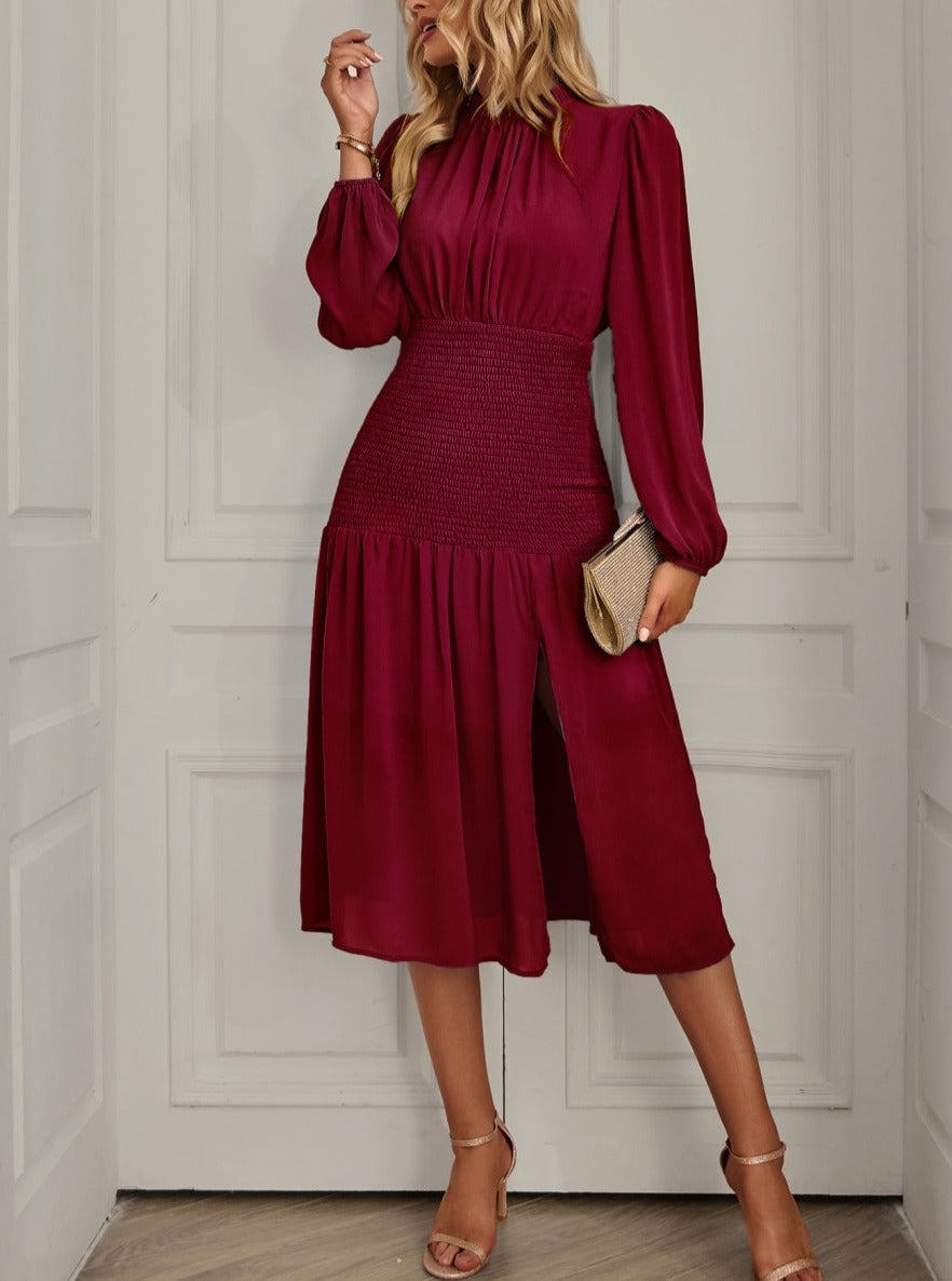 Shirred Waist Front Slit Dress