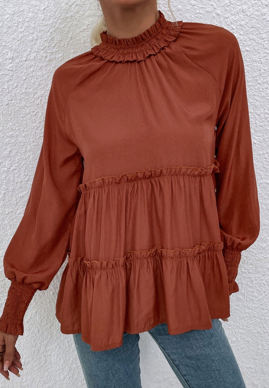 Ruffle Neck Tiered Fall Blouse