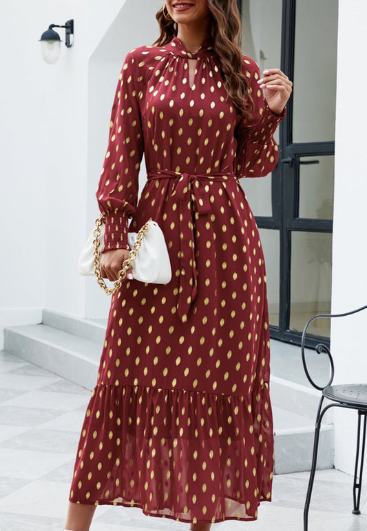 Polka Dot Mock Long Sleeve Maxi Dress