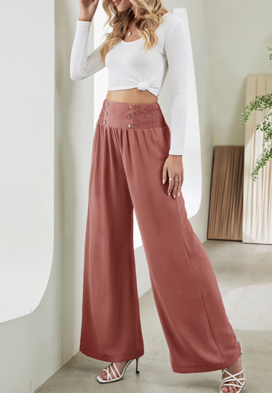 Button Detail Shirred Waist Pants