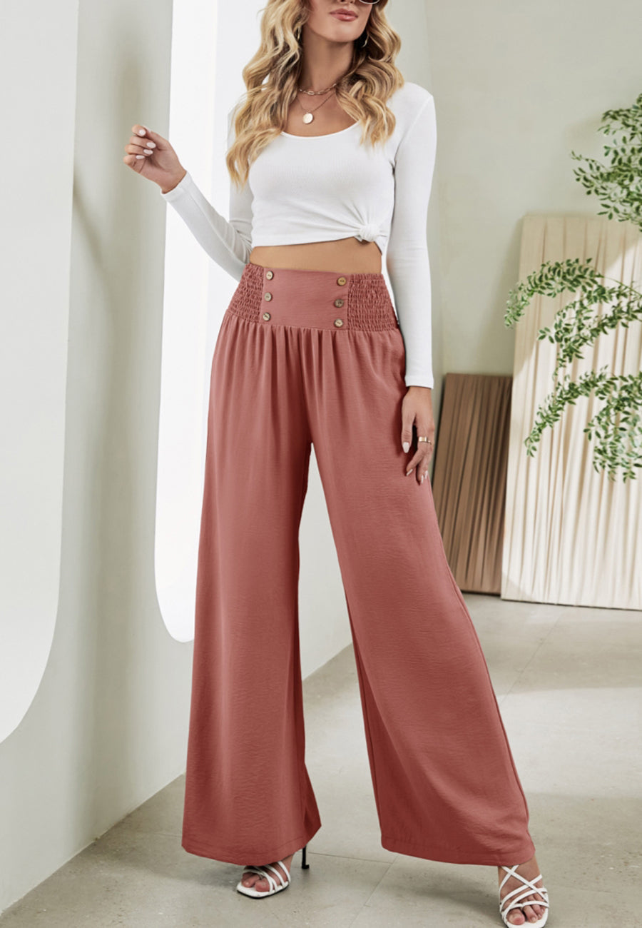 Button Detail Shirred Waist Pants