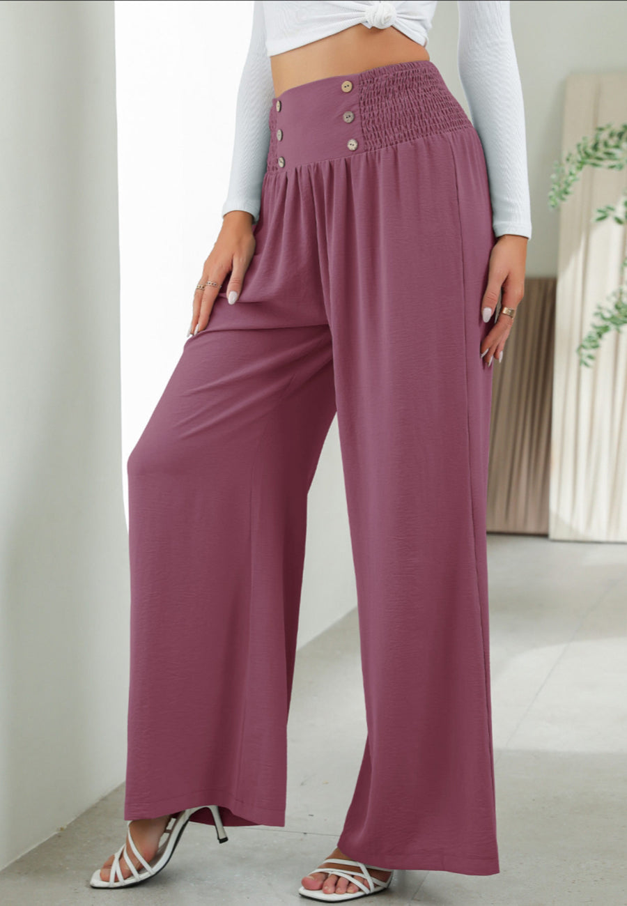 Button Detail Shirred Waist Pants