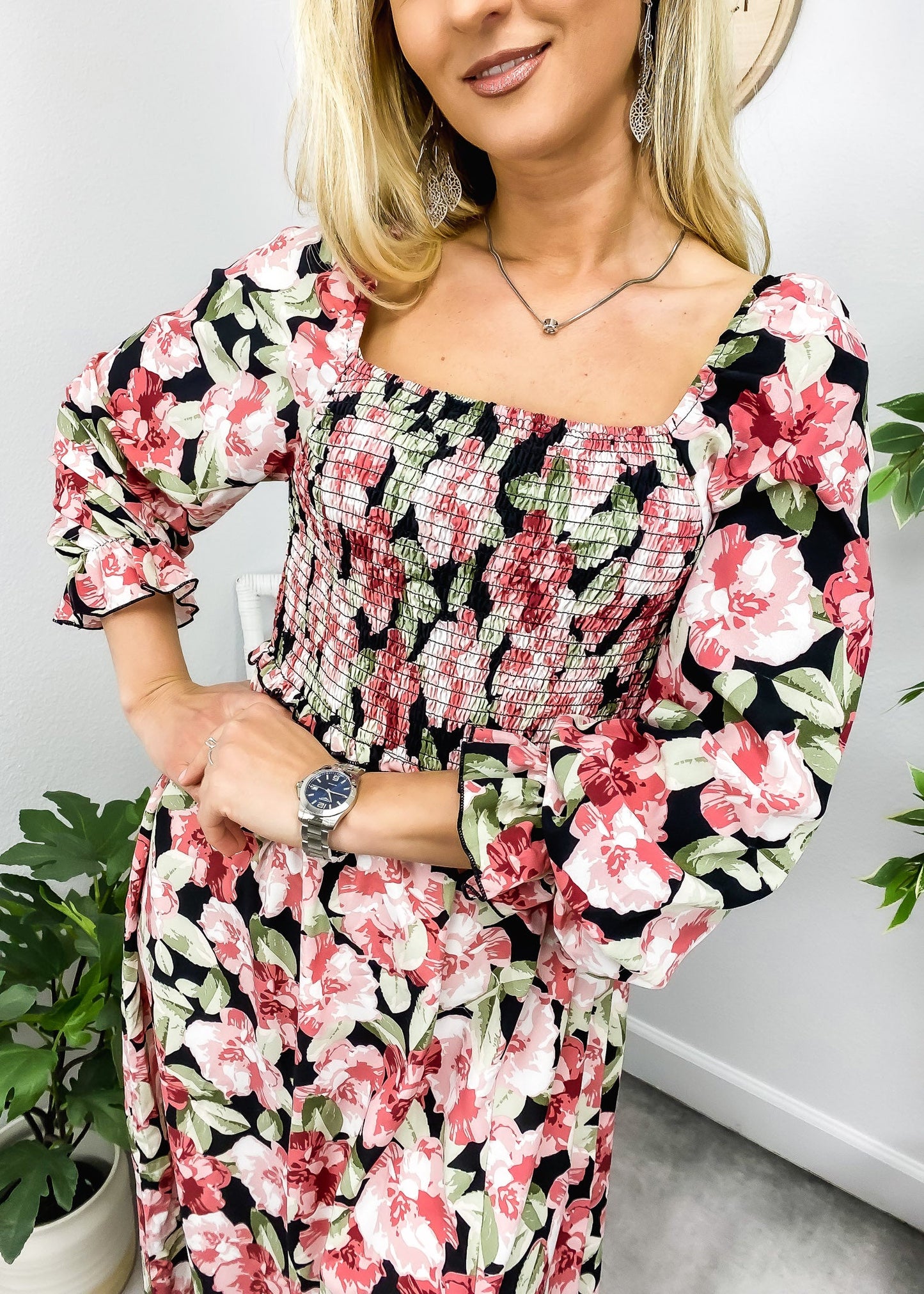 Square Neck Shirred Floral Dress