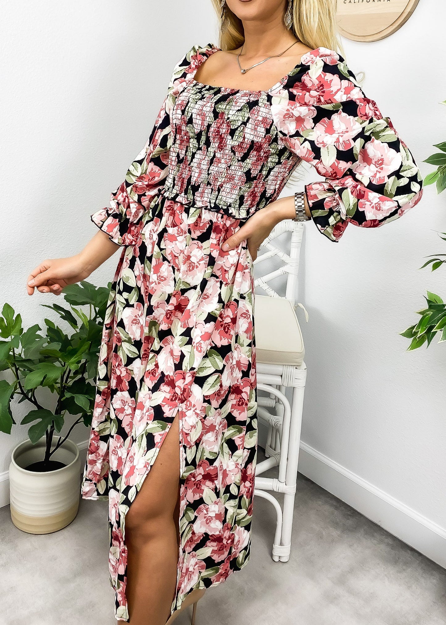 Square Neck Shirred Floral Dress