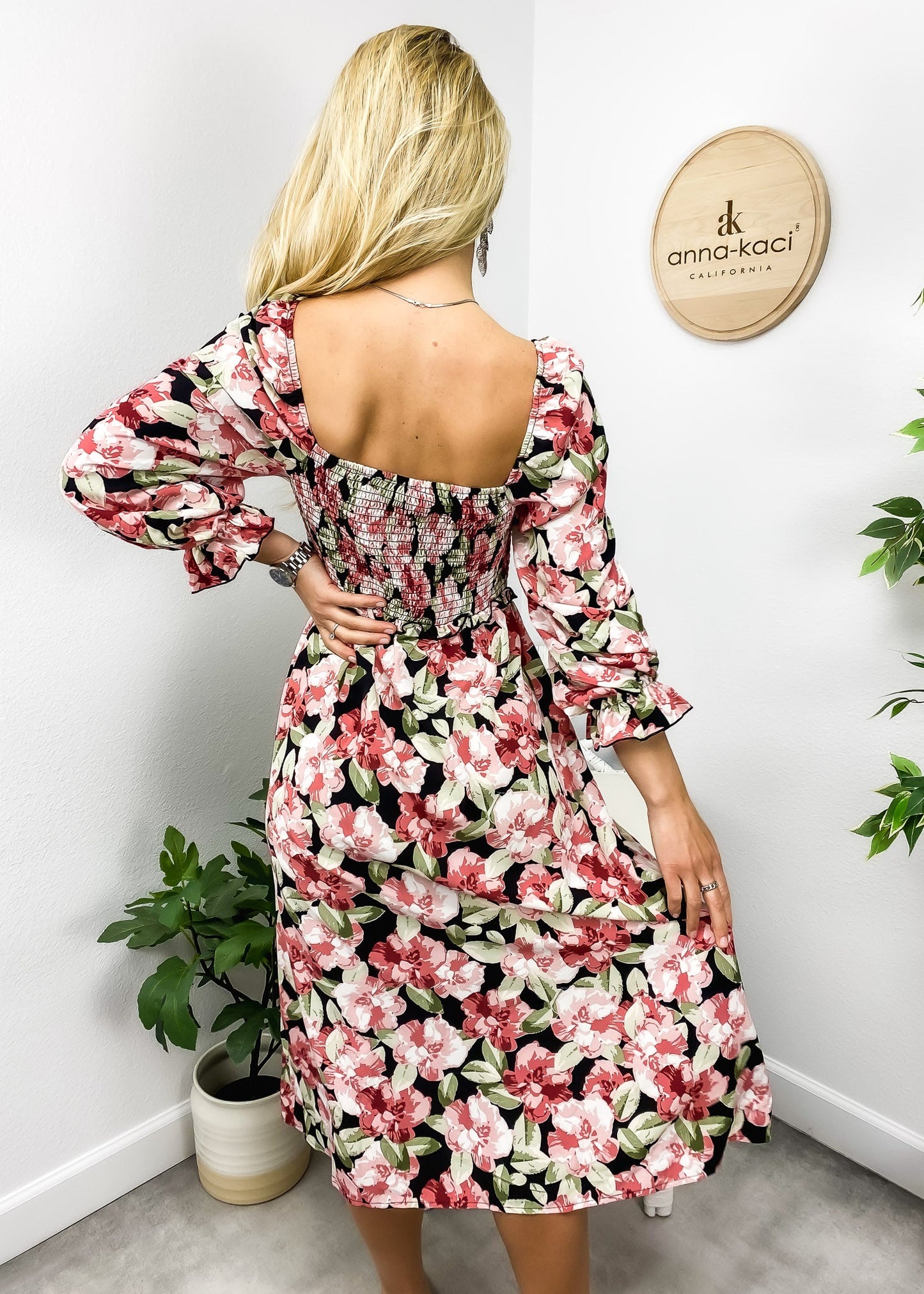 Square Neck Shirred Floral Dress