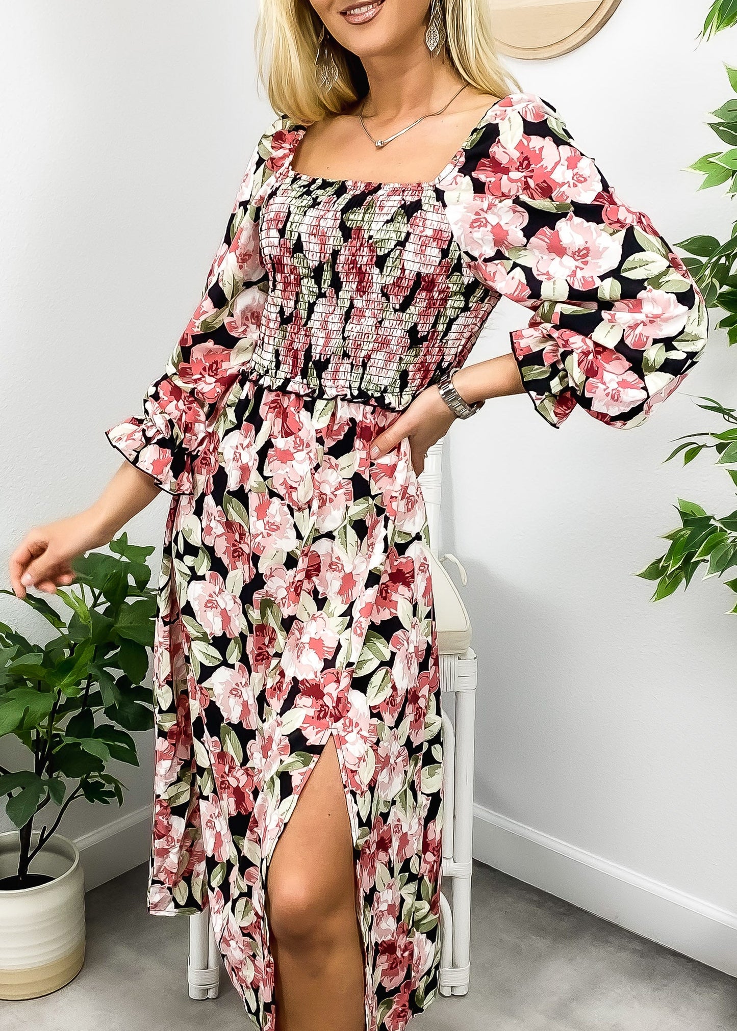 Square Neck Shirred Floral Dress