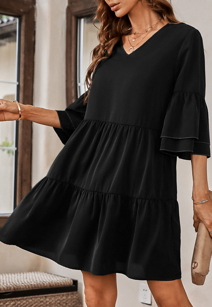 Solid Ruffle Sleeve Tiered Dress