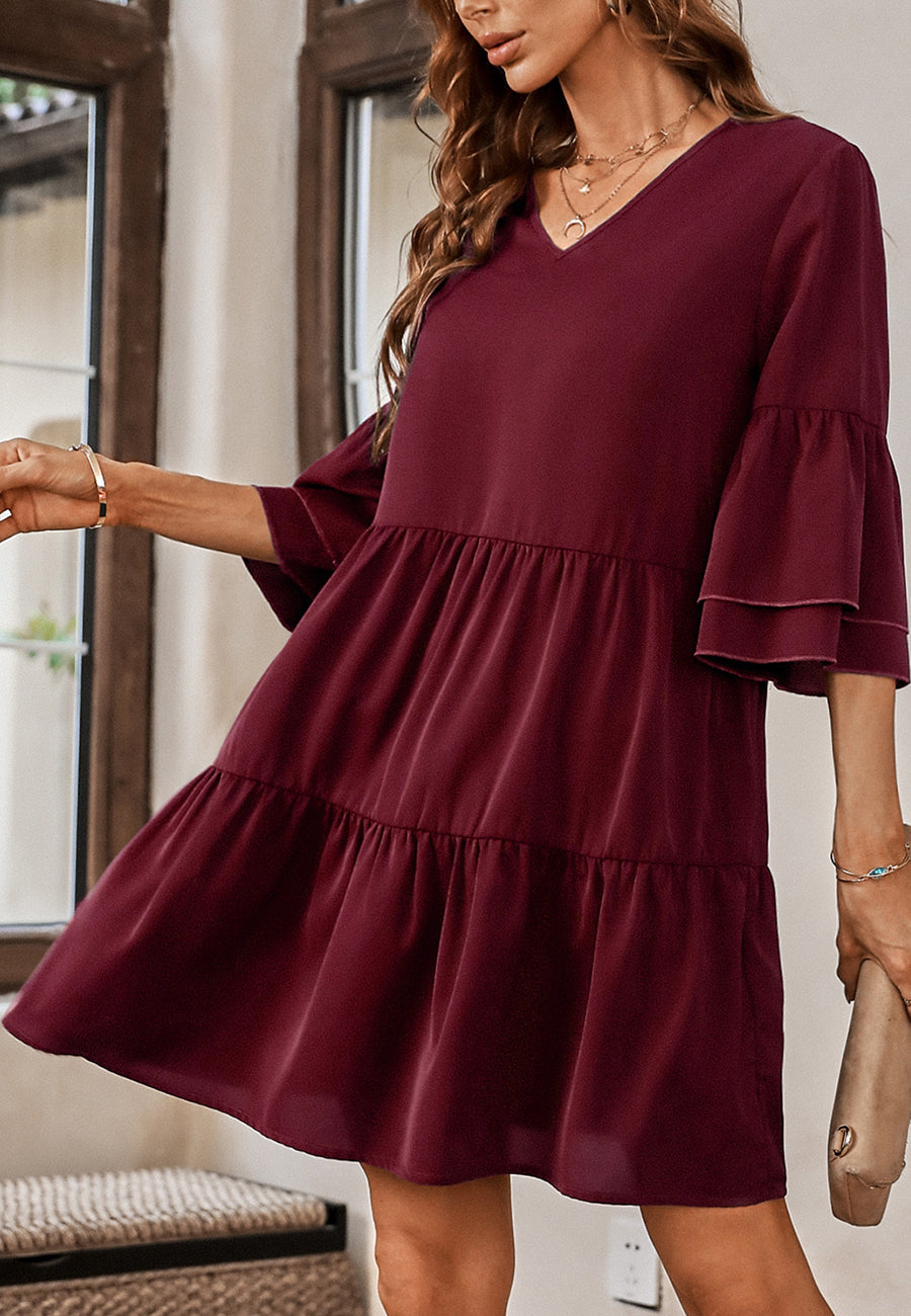 Solid Ruffle Sleeve Tiered Dress