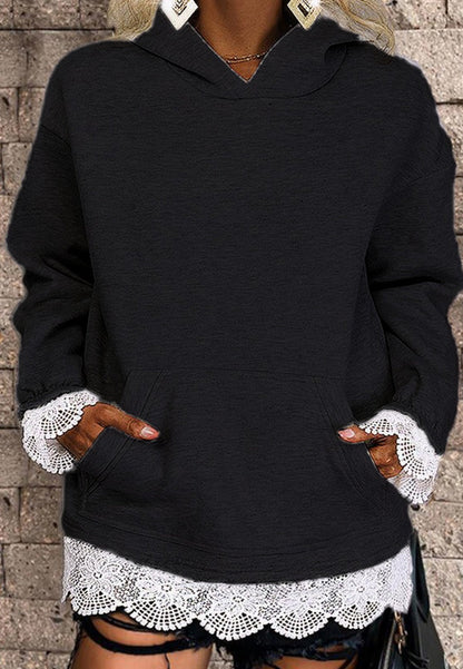 Solid Color Lace Trimmed Hoodie