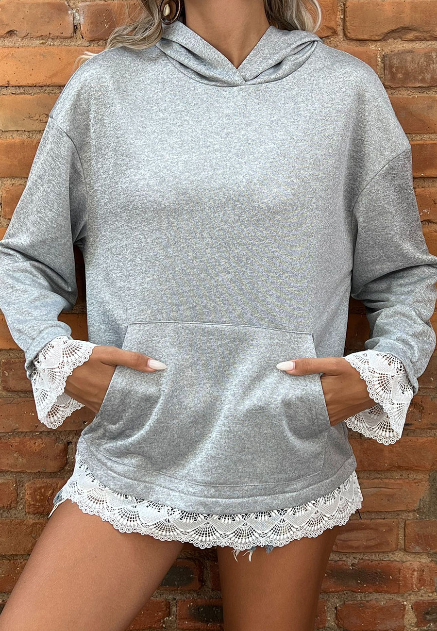 Solid Color Lace Trimmed Hoodie