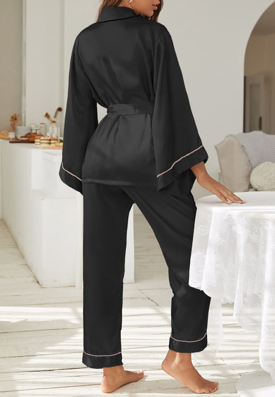 Contrast Piping Robe Top and Pajama