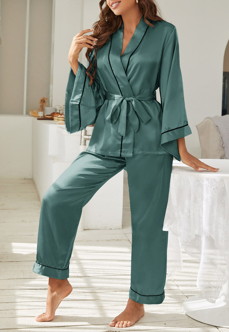 Contrast Piping Robe Top and Pajama