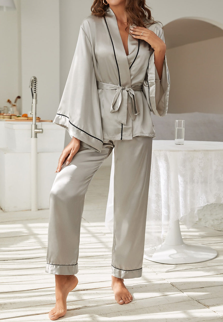 Contrast Piping Robe Top and Pajama