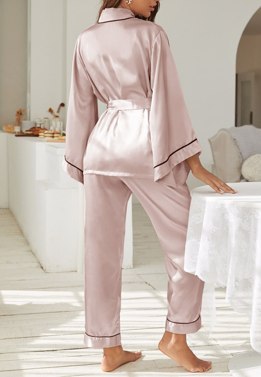 Contrast Piping Robe Top and Pajama