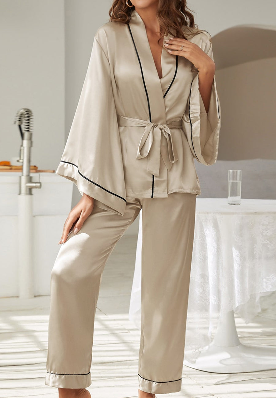 Contrast Piping Robe Top and Pajama