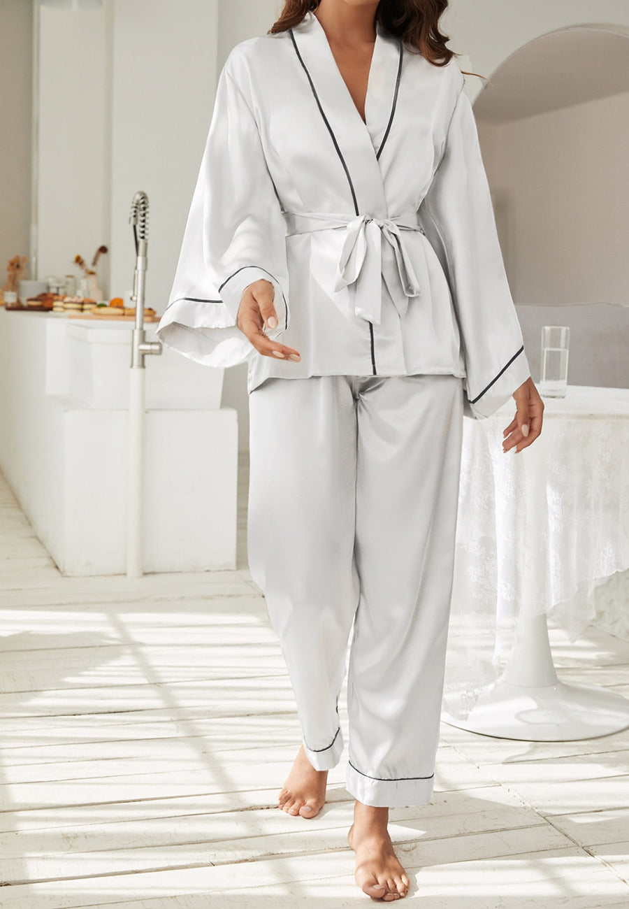 Contrast Piping Robe Top and Pajama