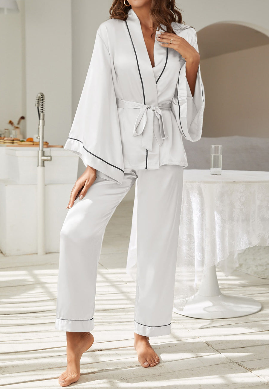 Contrast Piping Robe Top and Pajama