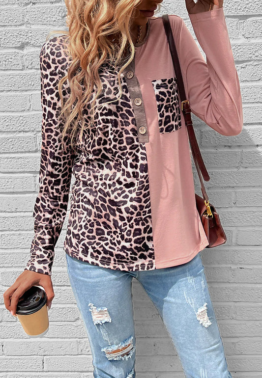 Two Tone Leopard Henley Top
