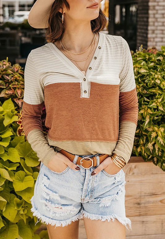 Striped Color Block Henley Top