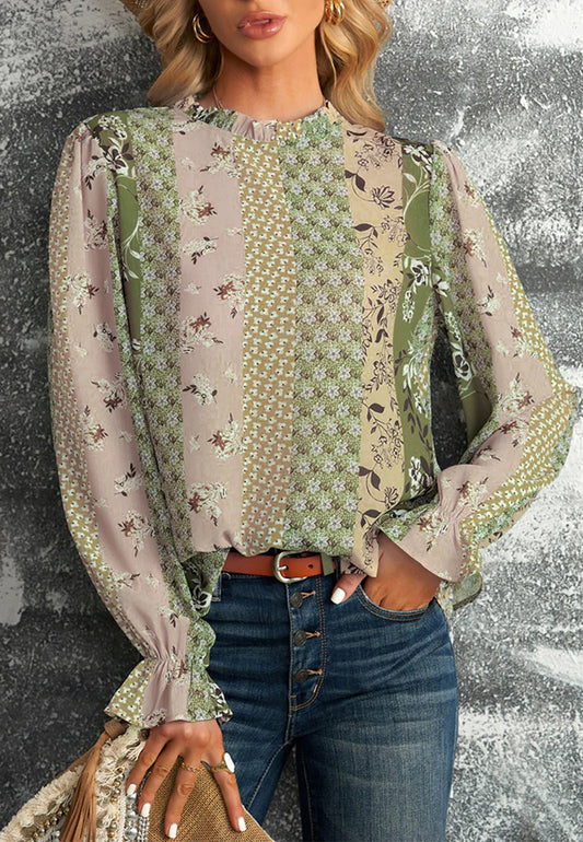 Ruffle Neck Mixed Floral Blouse