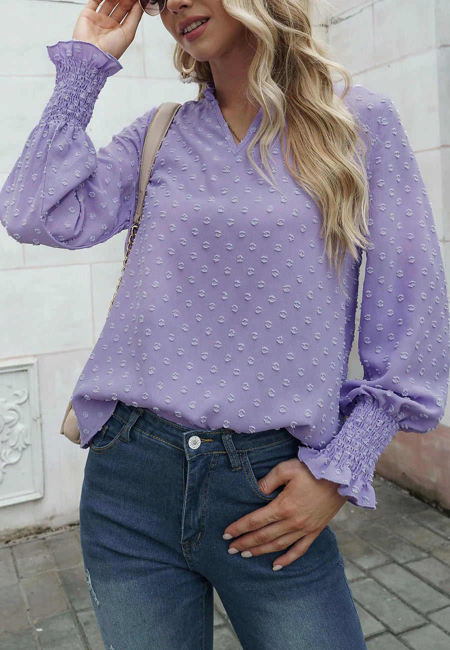 Swiss Dot Shirred Cuff Blouse