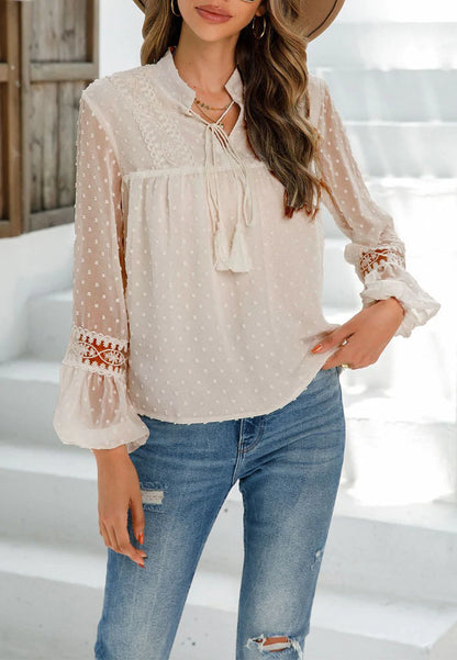 Tassel Tie Neck Clip Dot Blouse