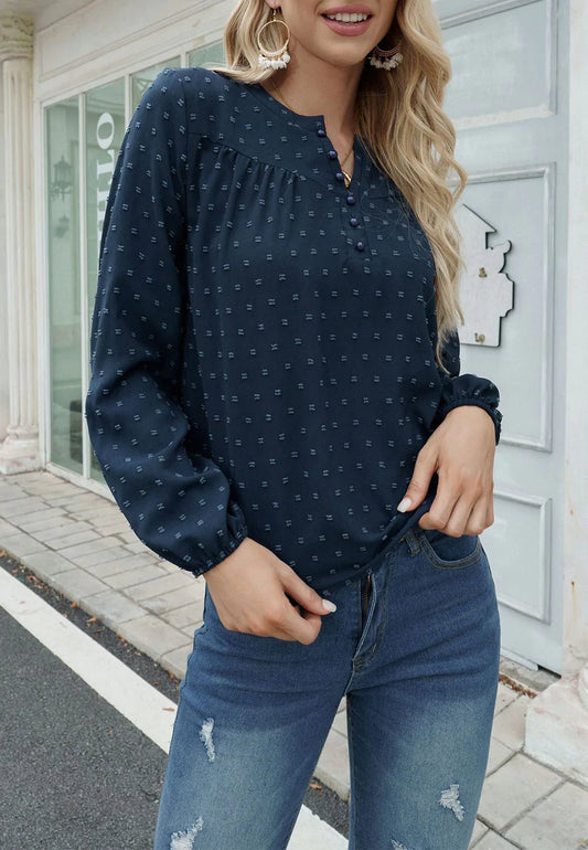 Swiss Dot Button Neck Blouse