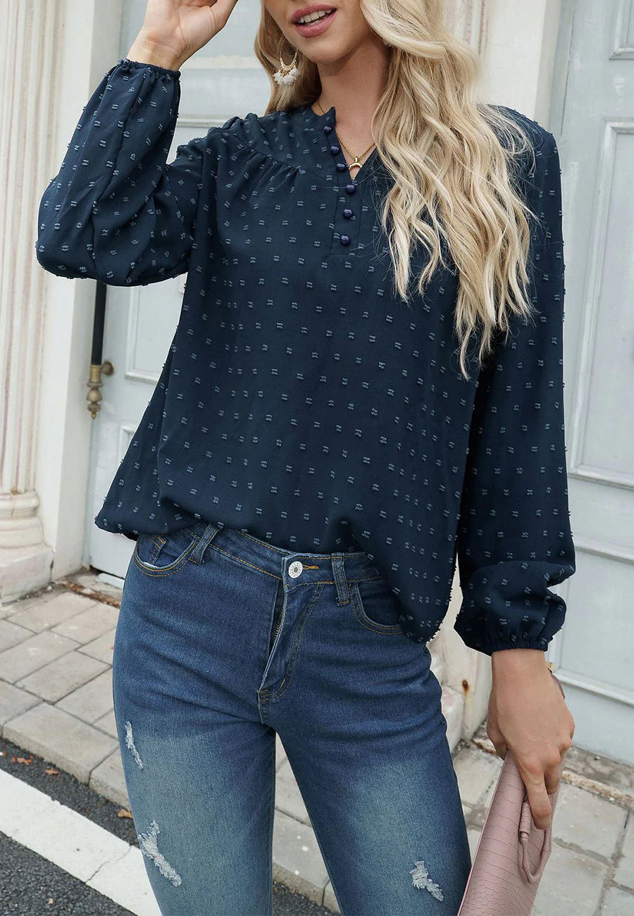 Swiss Dot Button Neck Blouse