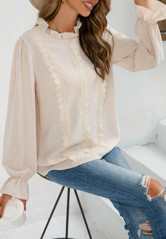 Ruffle Neck Lace Detail Blouse