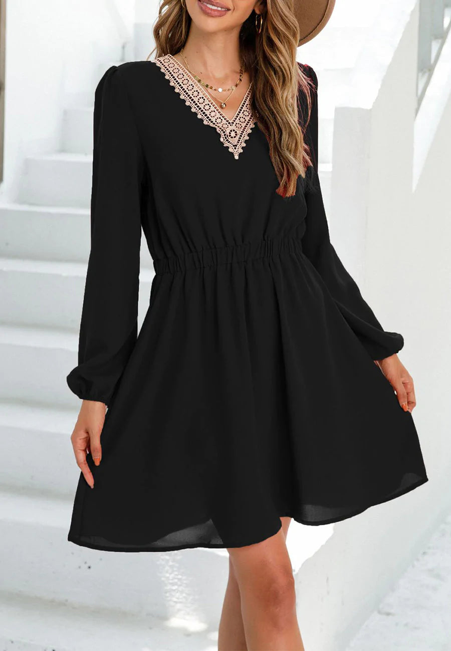 V Neck Crochet Trim Dress