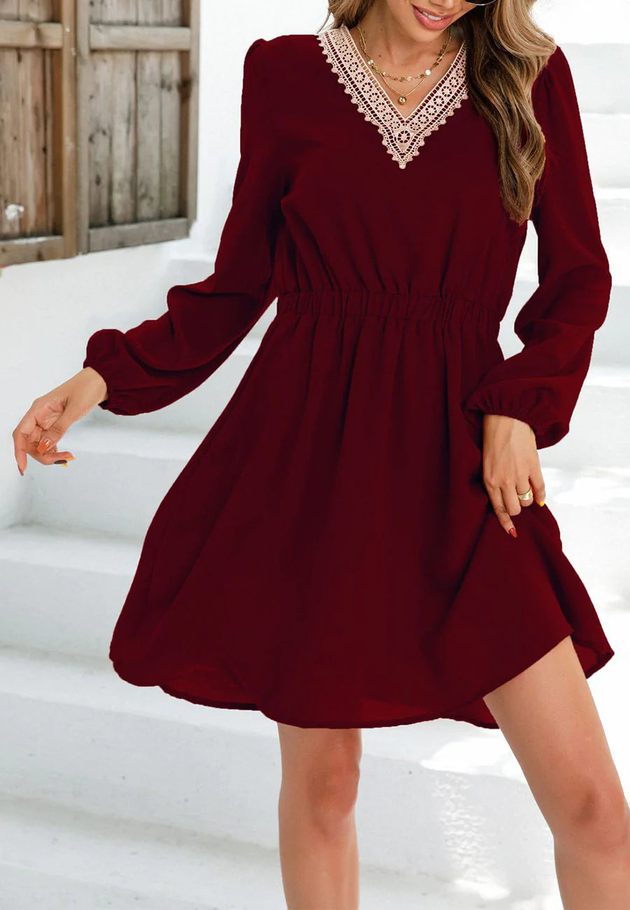 V Neck Crochet Trim Dress