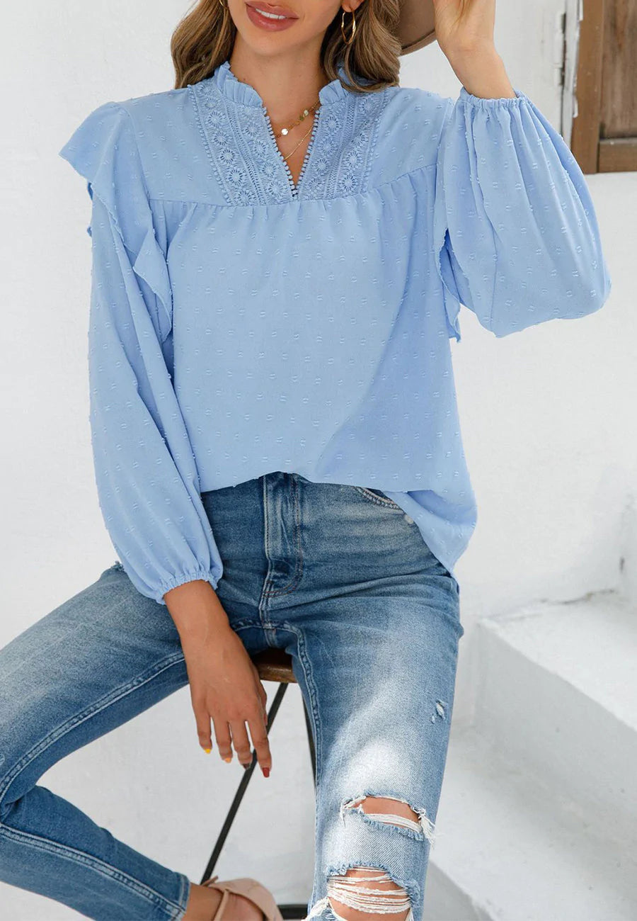 Clip Dot Ruffle Shoulder Blouse