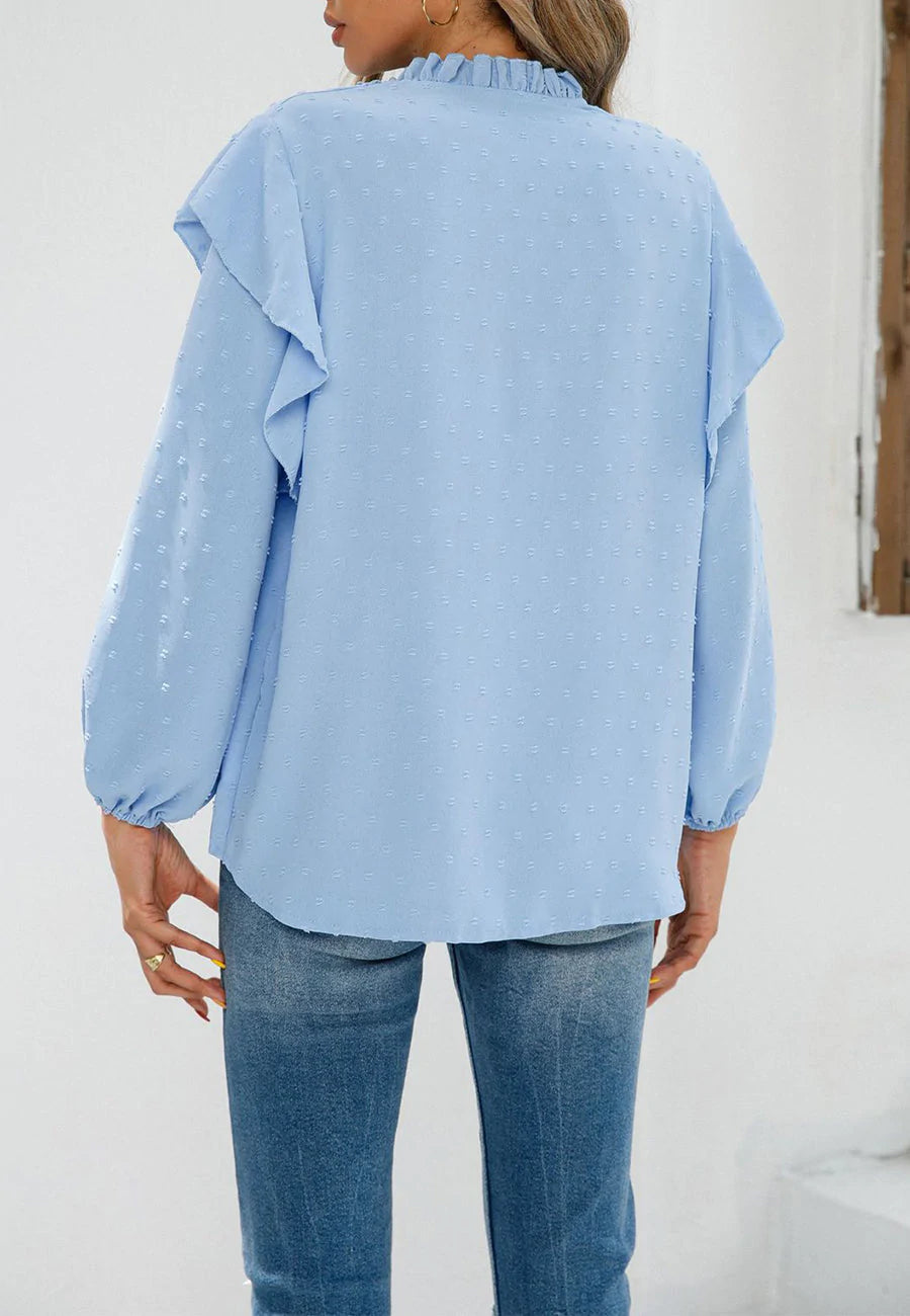 Clip Dot Ruffle Shoulder Blouse