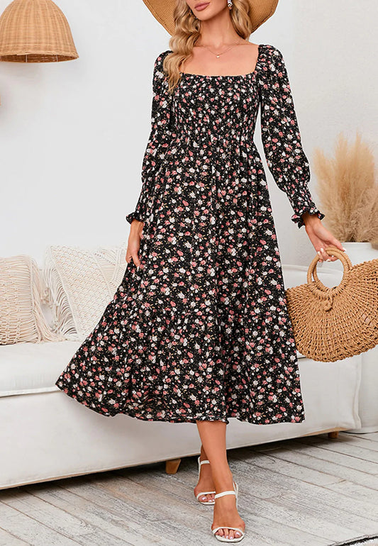 Square Neck Floral Midi Dress