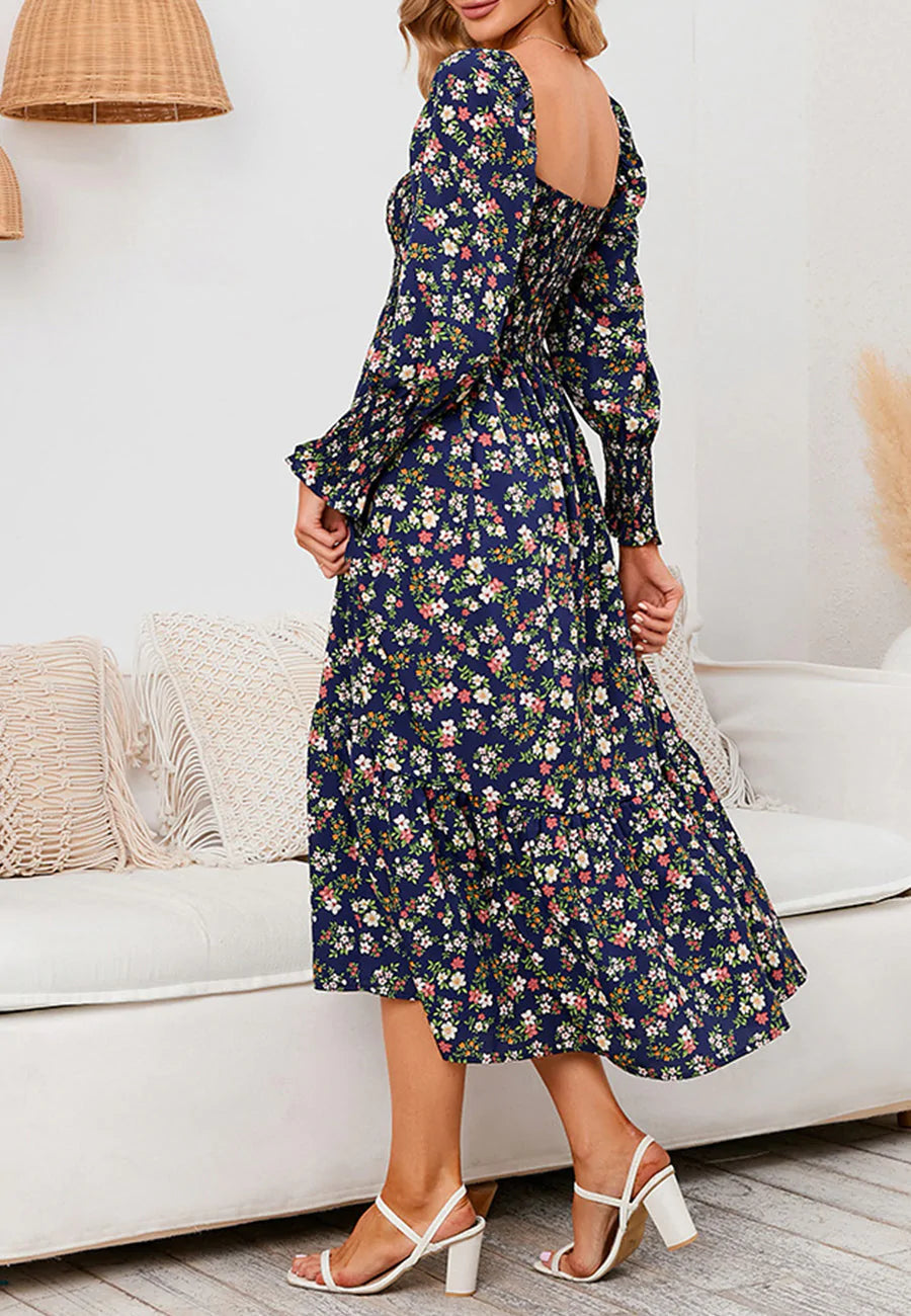 Square Neck Floral Midi Dress