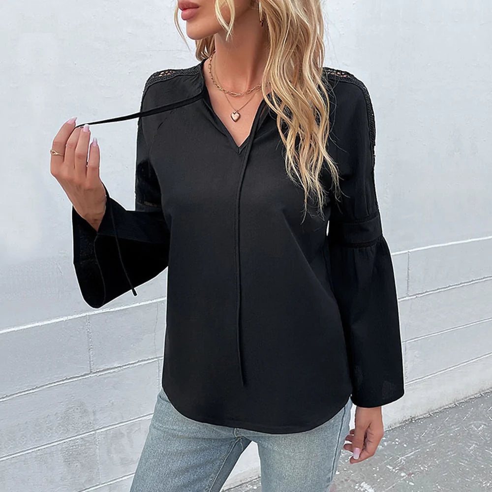 Tie Neck Bell Sleeve Blouse